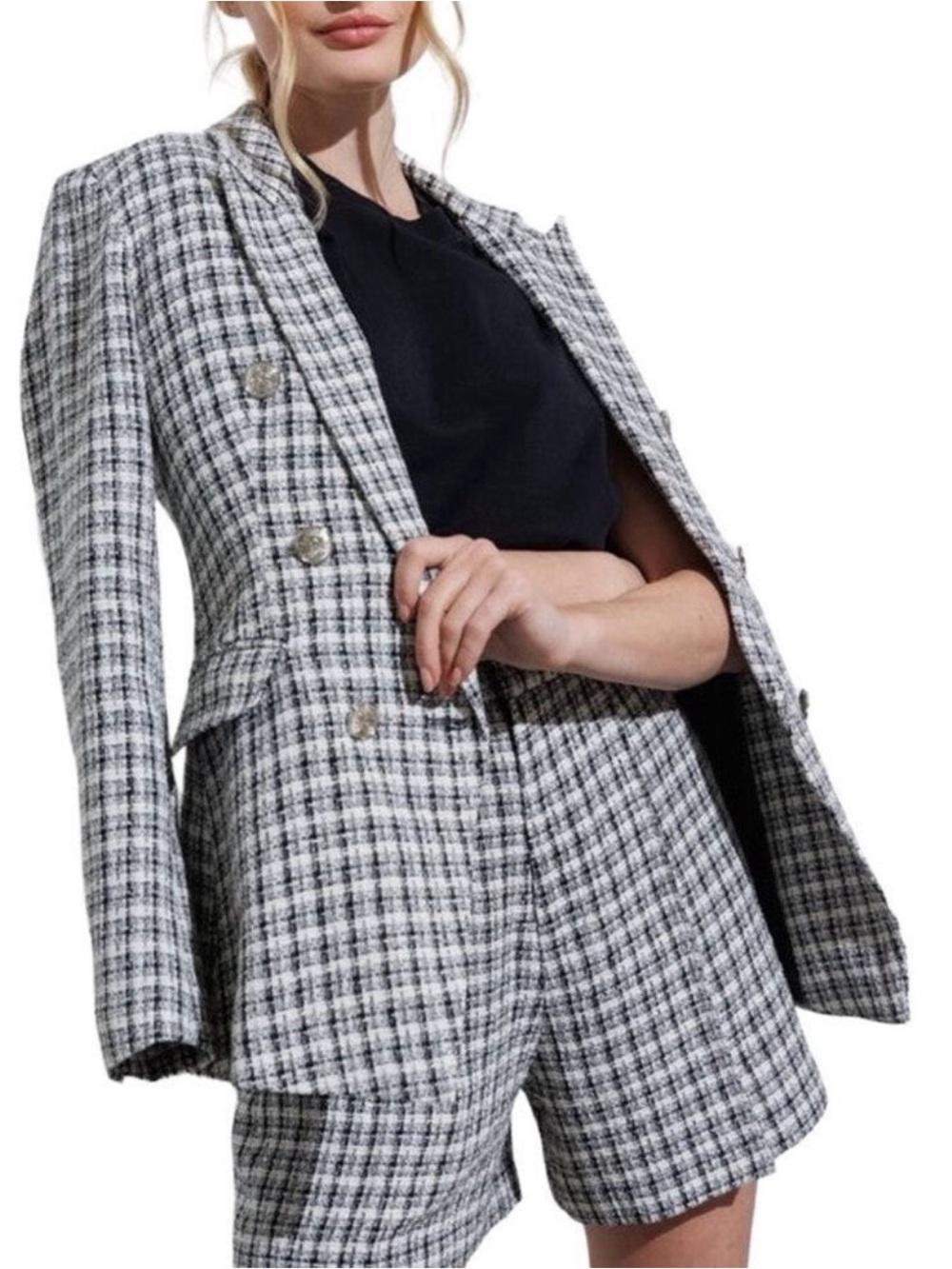 Aaron & Amber Tweed Plaid Textured Checkered Double Breasted Black White Blazer